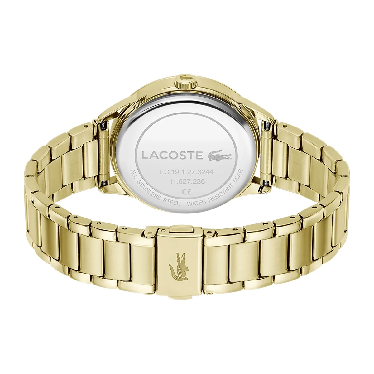 Reloj Lacoste analogo, para Dama, tablero redondo color dorado, estilo sin numeros, pulso acero color dorado