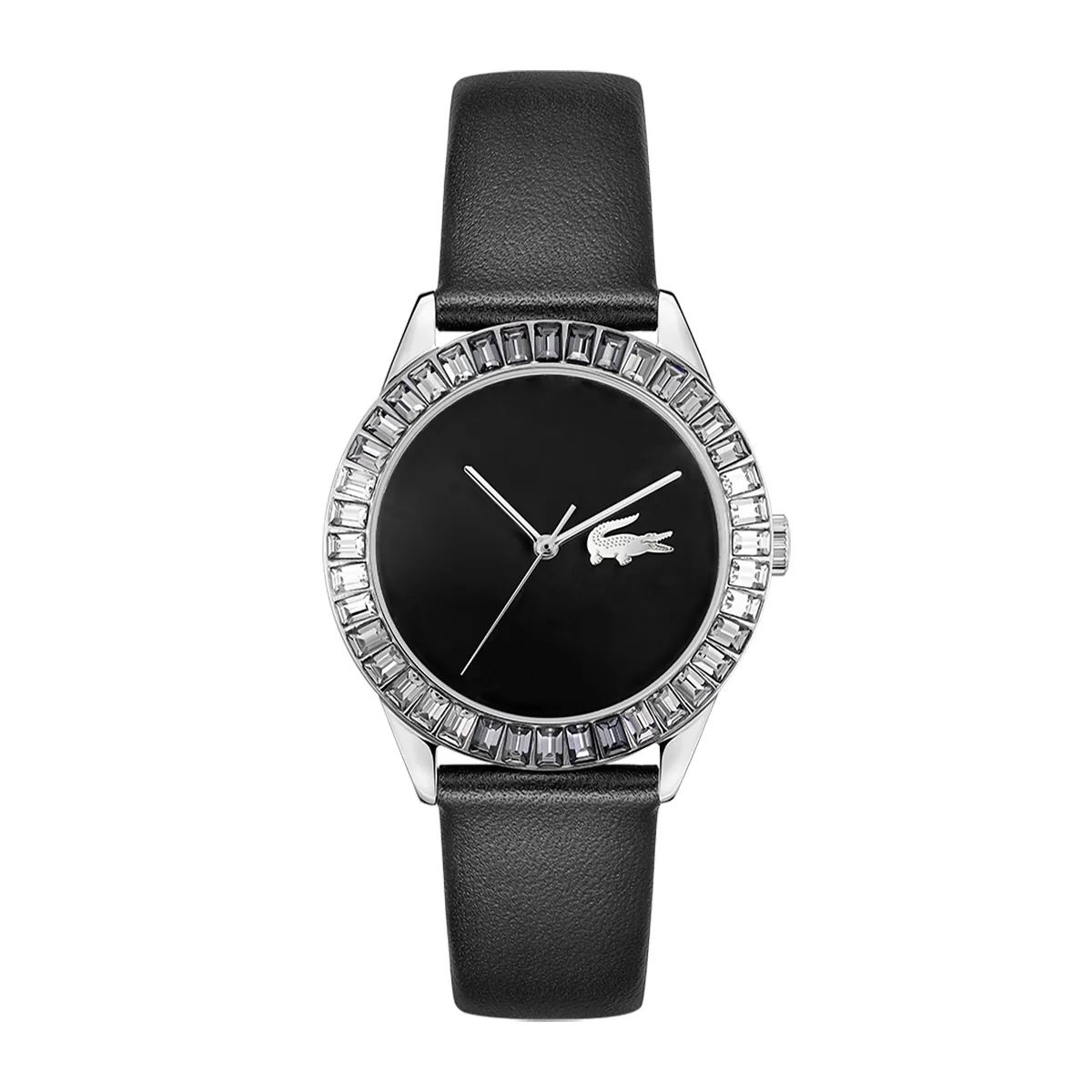 Reloj Lacoste analogo, para Dama, tablero redondo color negro, estilo sin numeros, pulso cuero color negro