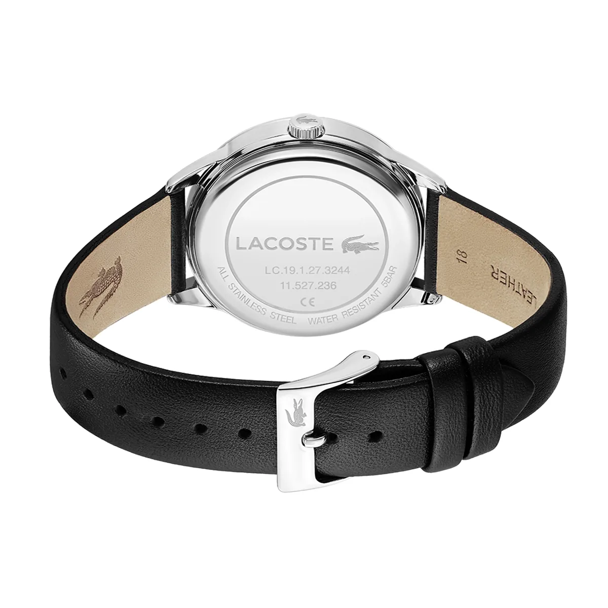 Reloj Lacoste analogo, para Dama, tablero redondo color negro, estilo sin numeros, pulso cuero color negro