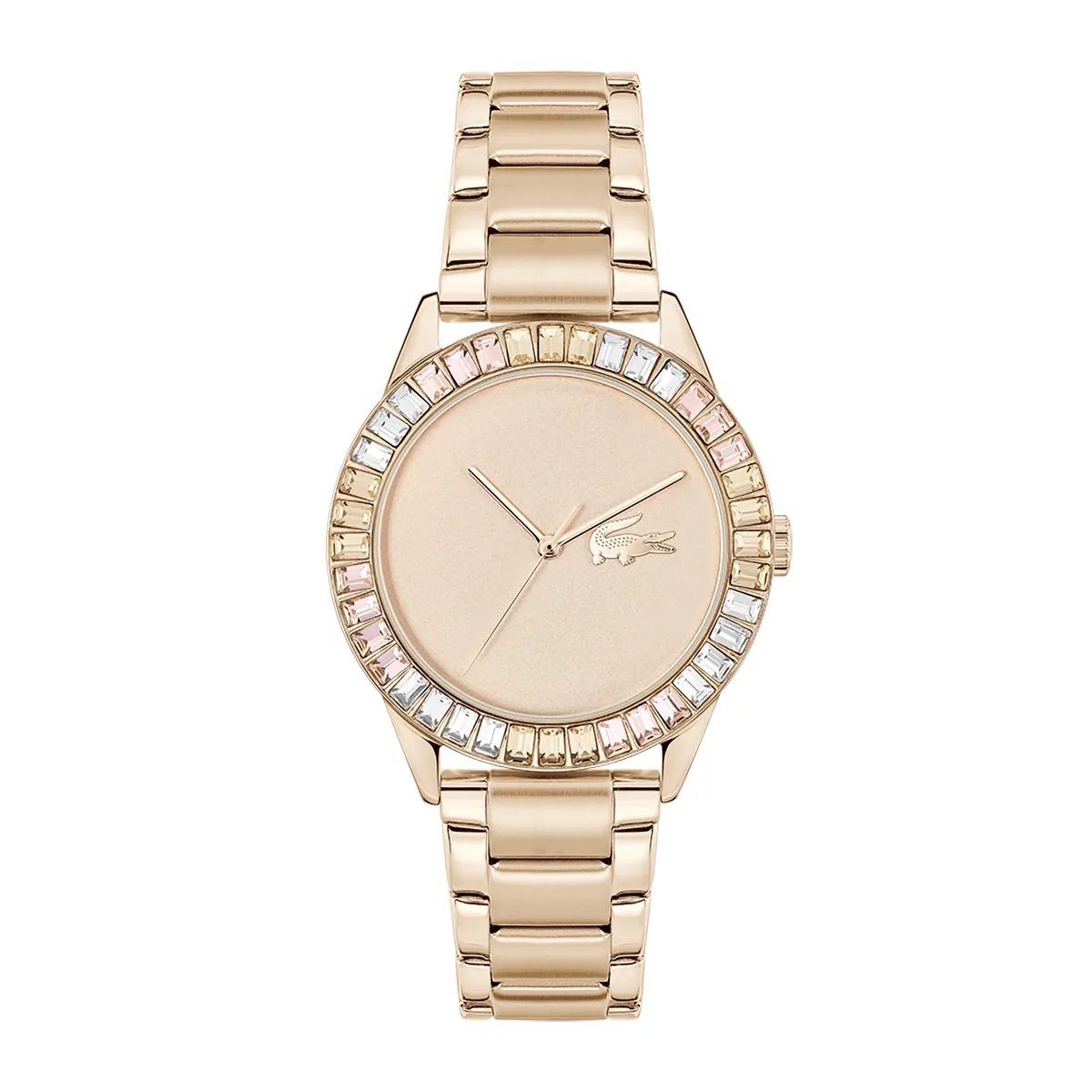 Reloj Lacoste analogo, para Dama, tablero redondo color rosa, estilo sin numeros, pulso acero color rosa