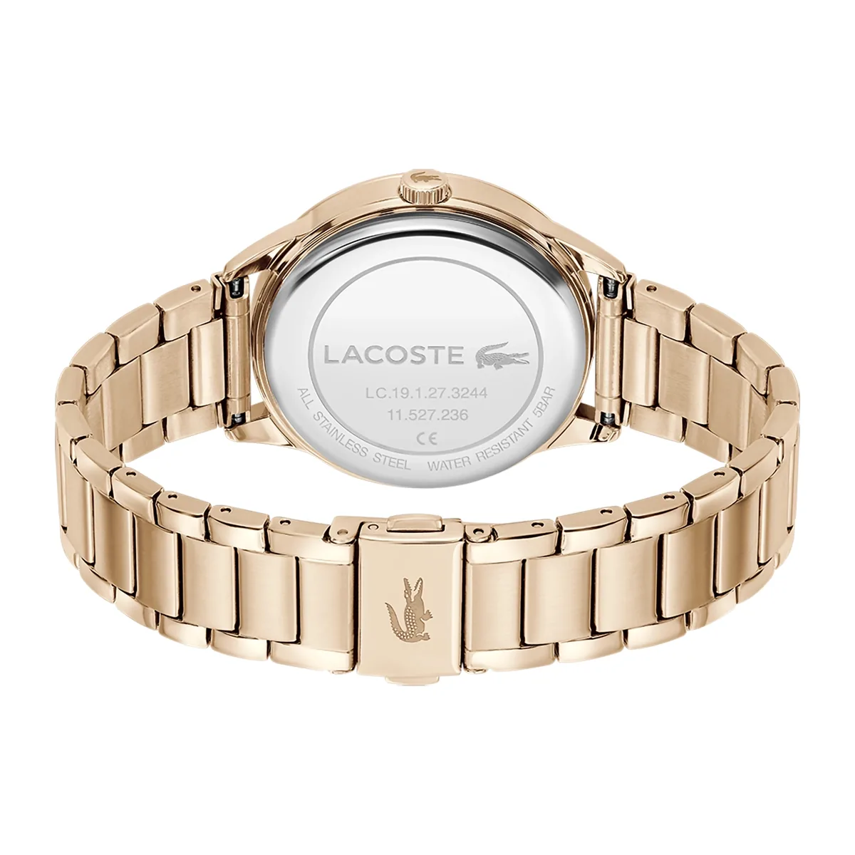 Reloj Lacoste analogo, para Dama, tablero redondo color rosa, estilo sin numeros, pulso acero color rosa