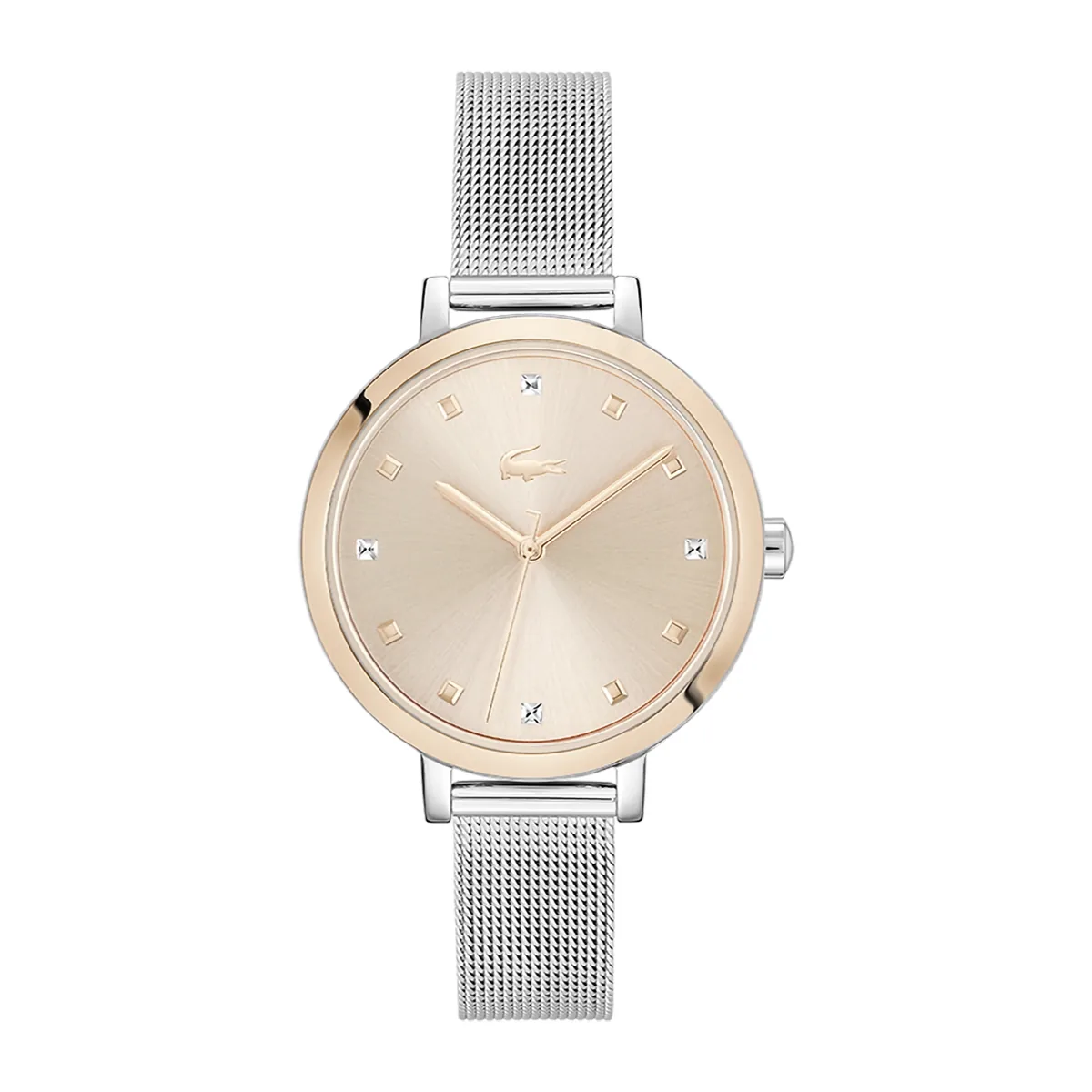 Reloj Lacoste analogo, para Dama, tablero redondo colores rosa y plateado, estilo puntos, pulso acero color plateado