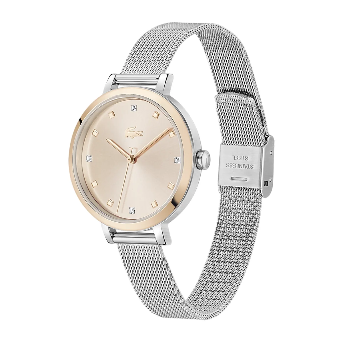 Reloj Lacoste analogo, para Dama, tablero redondo colores rosa y plateado, estilo puntos, pulso acero color plateado