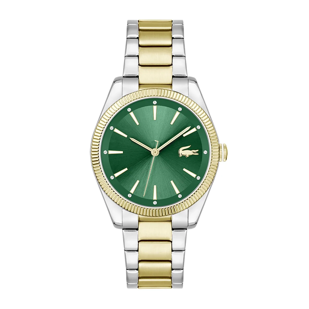 Reloj Lacoste analogo, para Dama, tablero redondo color verde, estilo index, pulso acero colores plateado y dorado