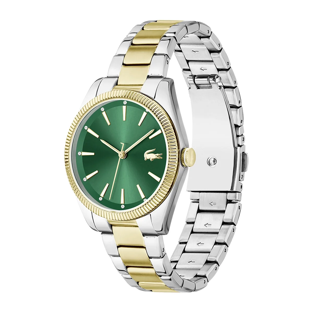 Reloj Lacoste analogo, para Dama, tablero redondo color verde, estilo index, pulso acero colores plateado y dorado