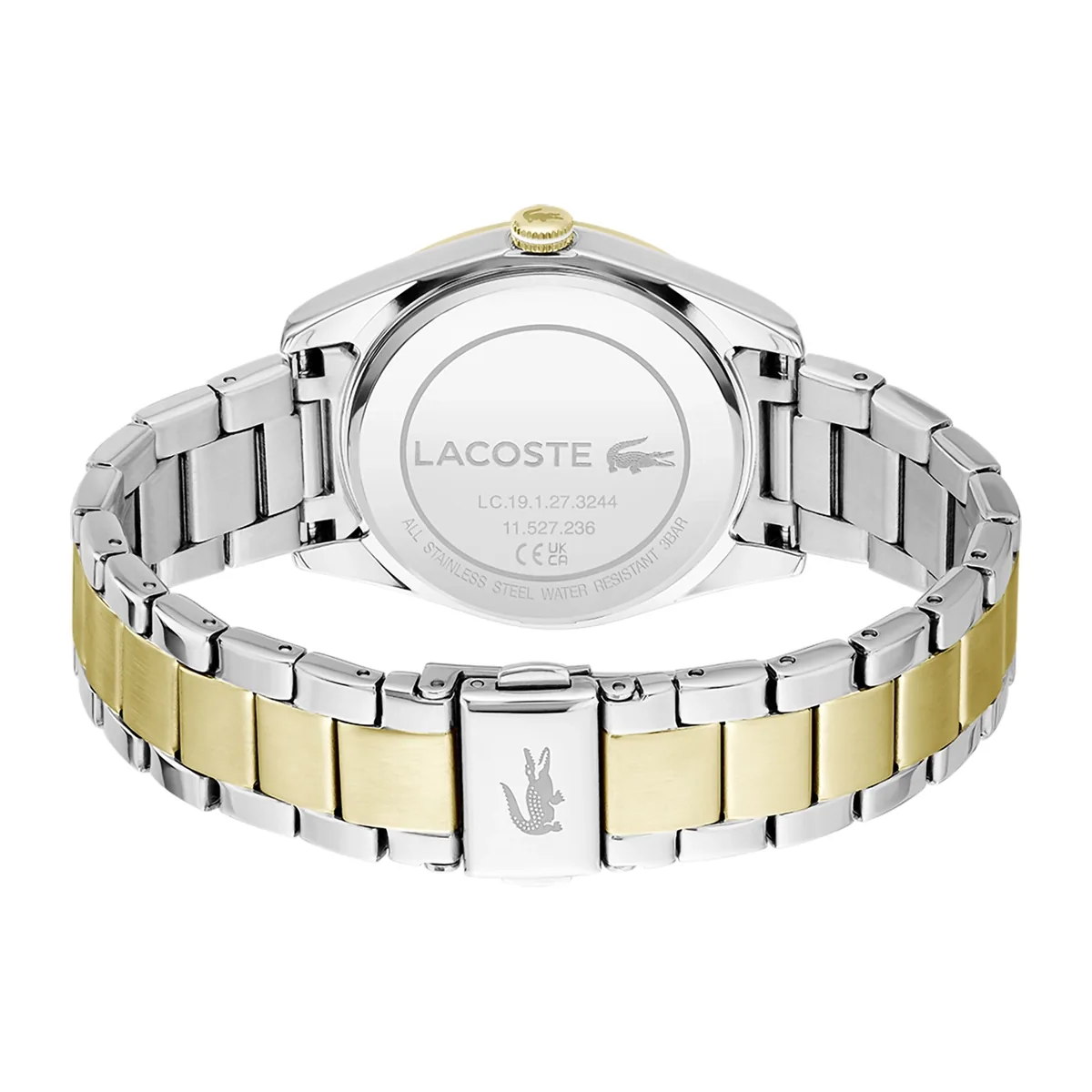 Reloj Lacoste analogo, para Dama, tablero redondo color verde, estilo index, pulso acero colores plateado y dorado
