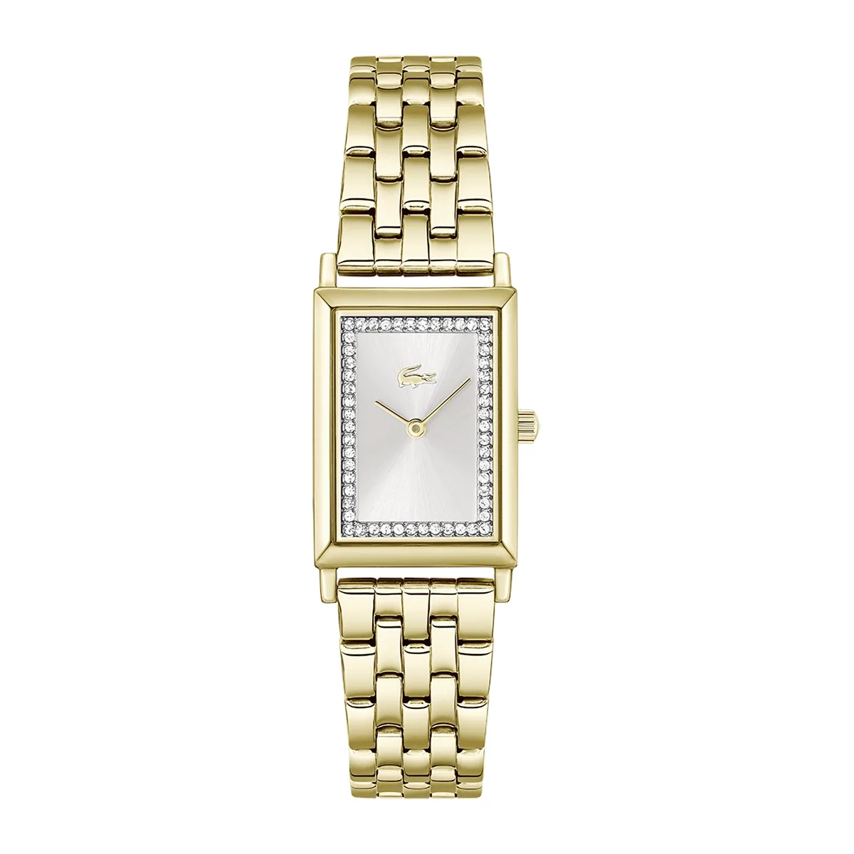 Reloj Lacoste análogo, para Dama, tablero rectangular color plateado, estilo sin números, pulso acero color dorado