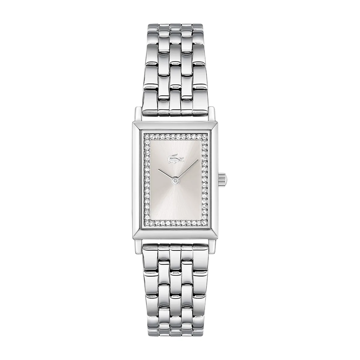Reloj Lacoste análogo, para Dama, tablero rectangular color rosado, estilo sin números, pulso acero color plateado