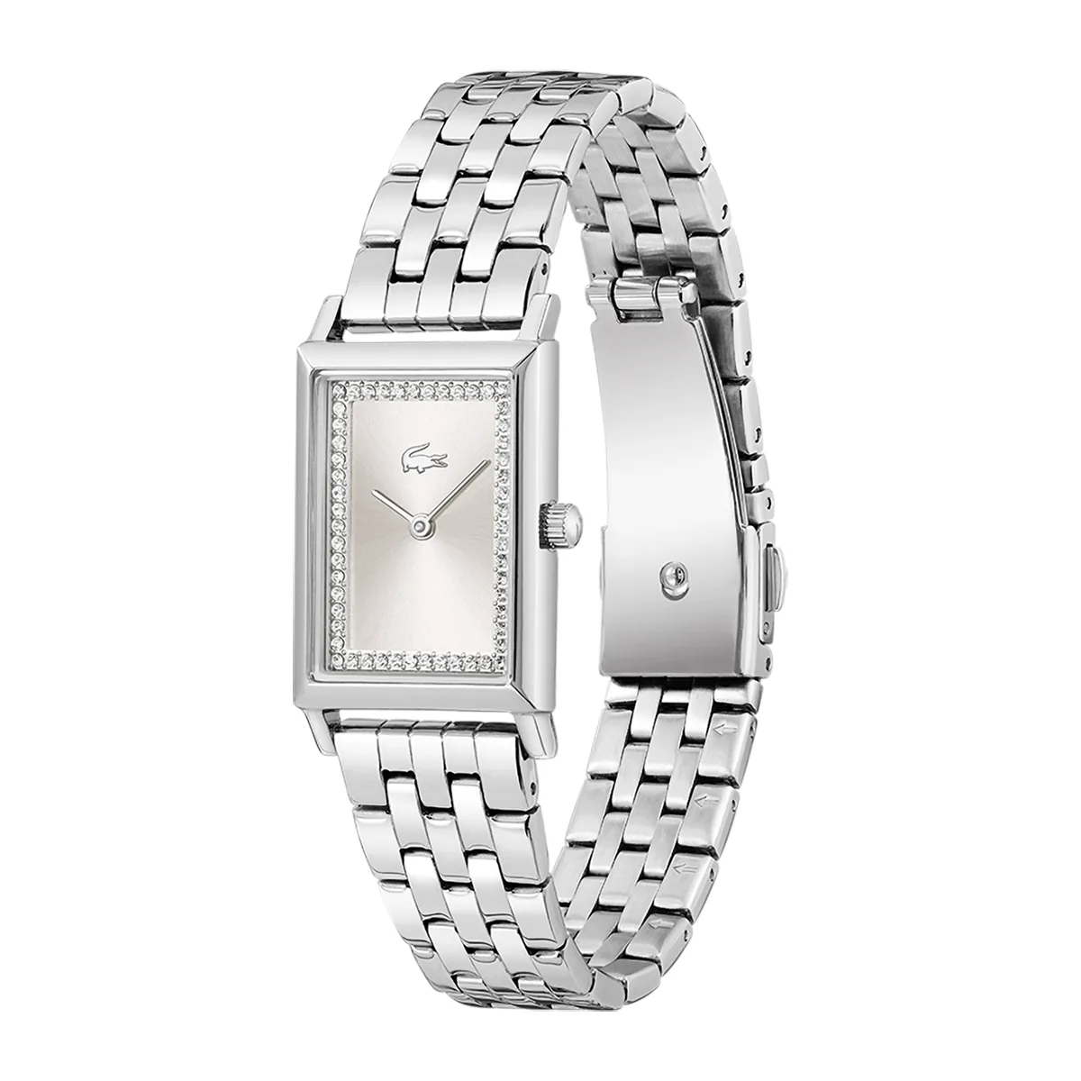Reloj Lacoste análogo, para Dama, tablero rectangular color rosado, estilo sin números, pulso acero color plateado