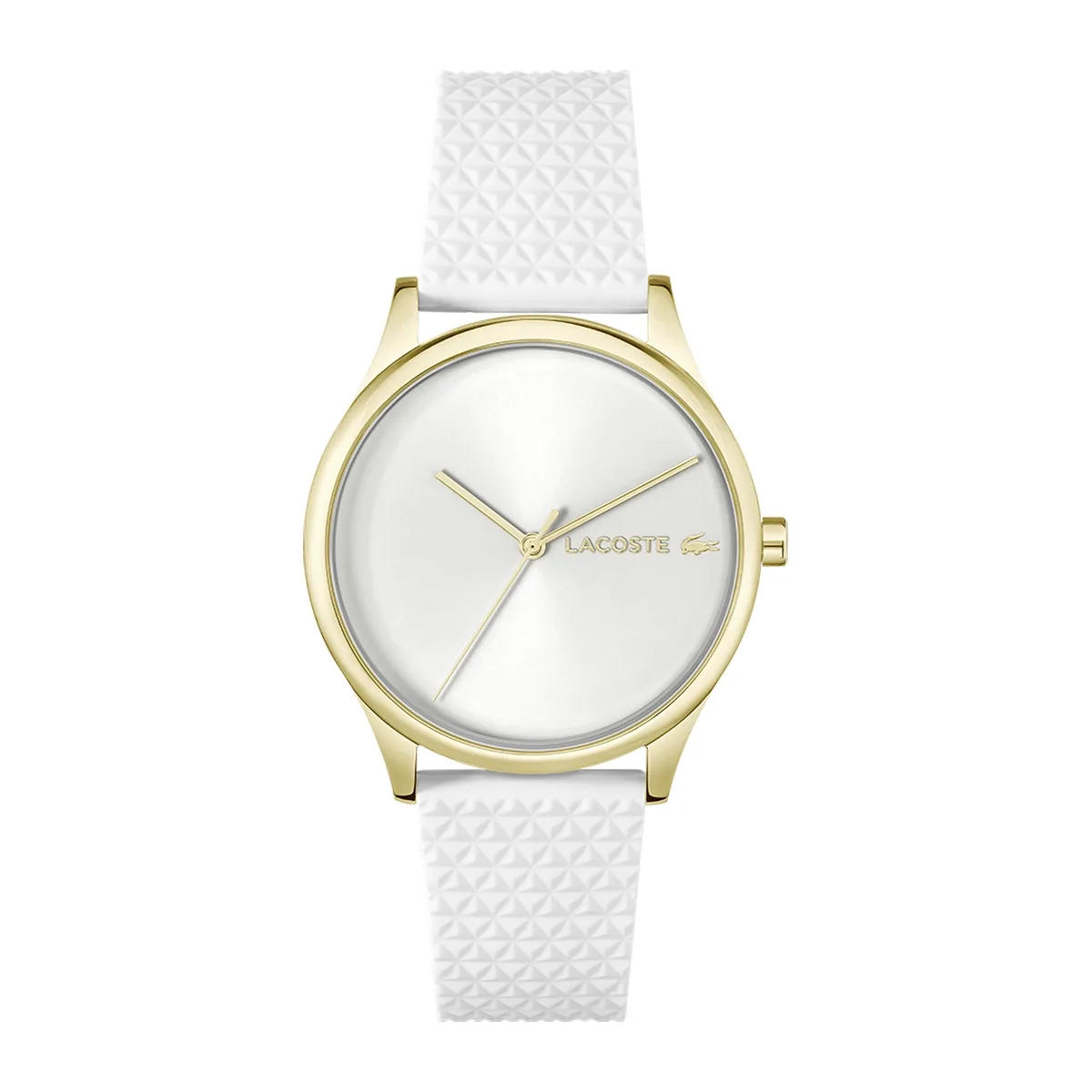 Reloj Lacoste análogo, para Dama, tablero redondo color plateado, estilo sin números, pulso silicona color blanco