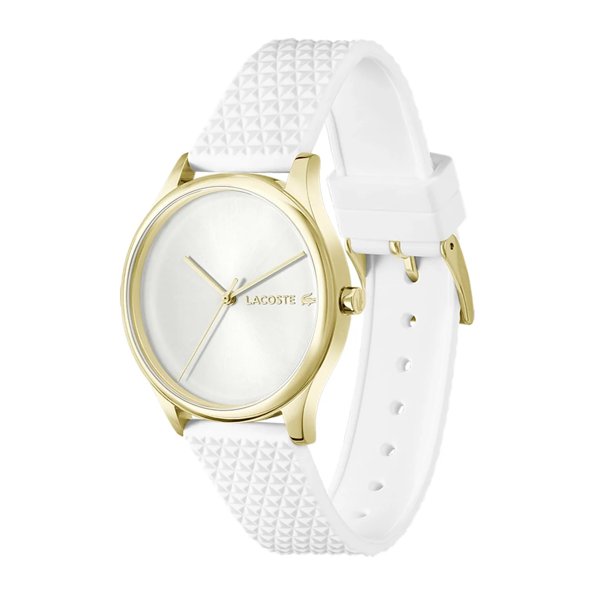 Reloj Lacoste análogo, para Dama, tablero redondo color plateado, estilo sin números, pulso silicona color blanco