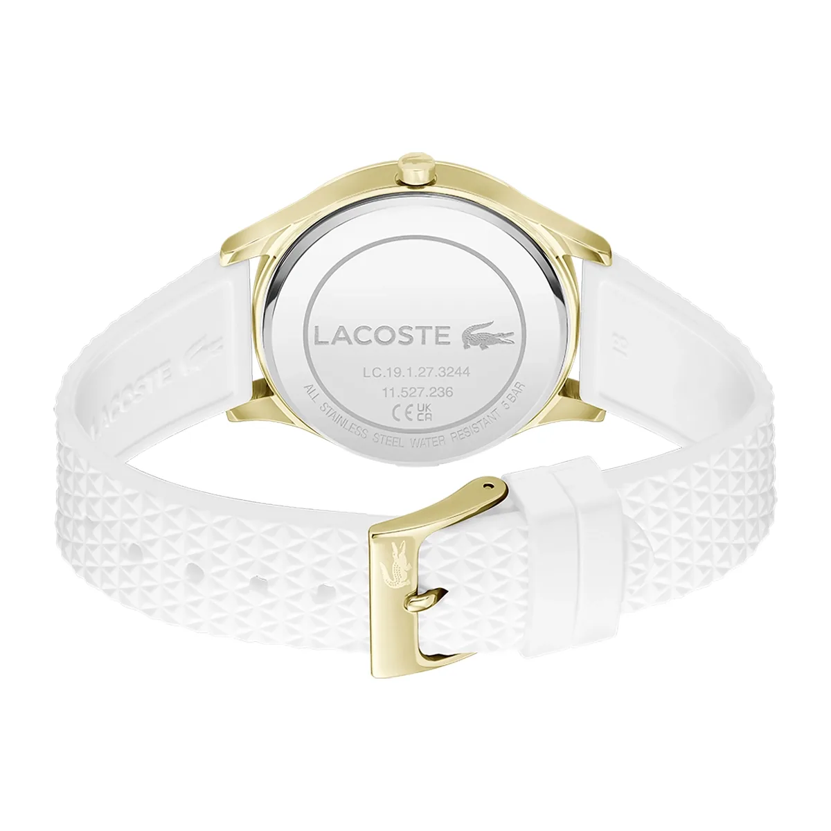 Reloj Lacoste análogo, para Dama, tablero redondo color plateado, estilo sin números, pulso silicona color blanco