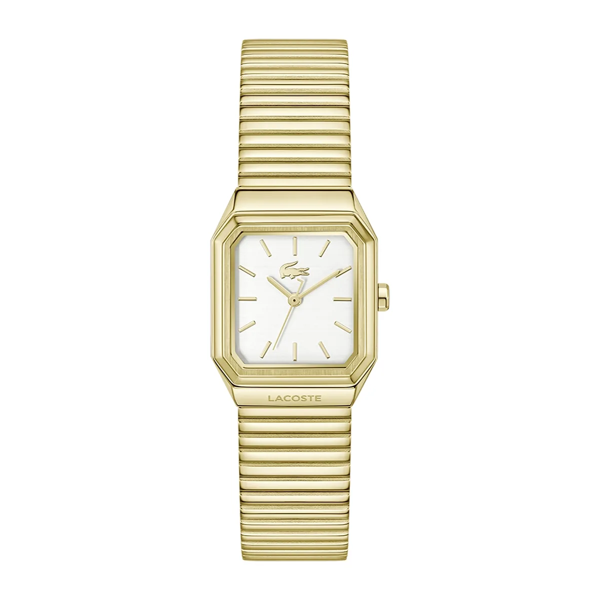 Reloj Lacoste análogo, para Dama, tablero rectangular color plateado, estilo index, pulso acero color dorado