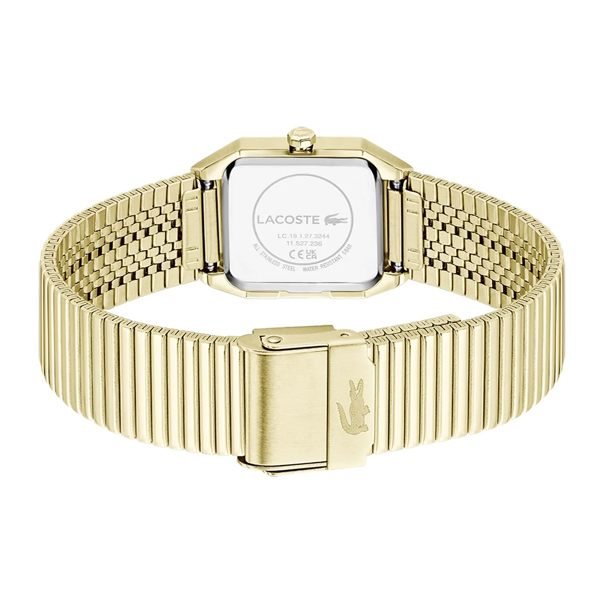 Reloj Lacoste análogo, para Dama, tablero rectangular color plateado, estilo index, pulso acero color dorado