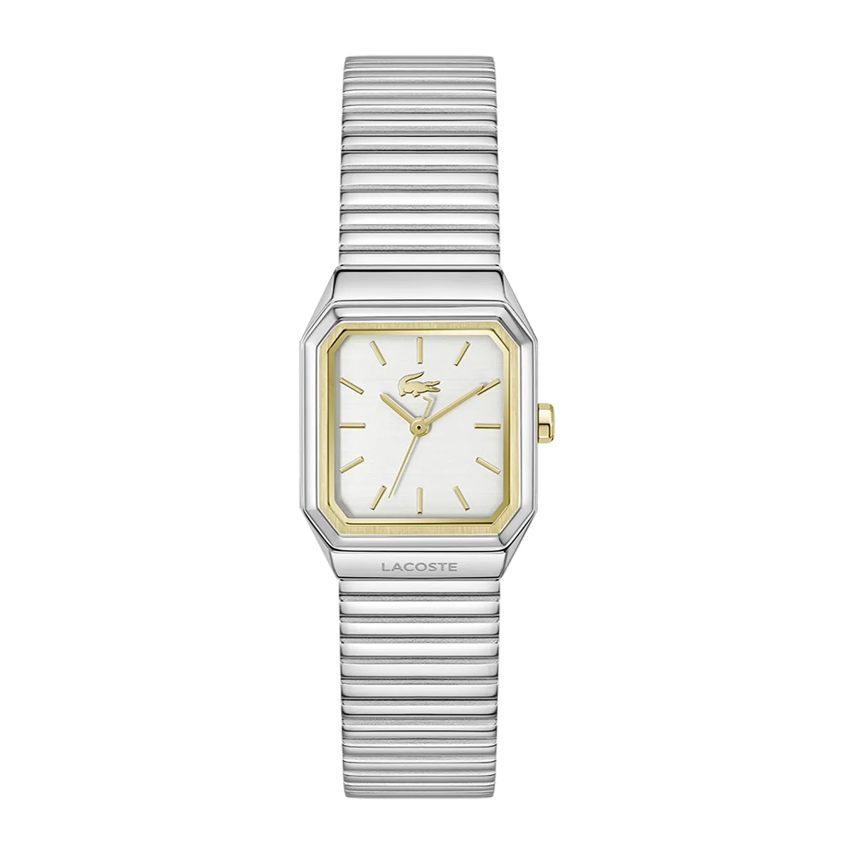 Reloj Lacoste análogo, para Dama, tablero rectangular color plateado, estilo index, pulso acero color plateado