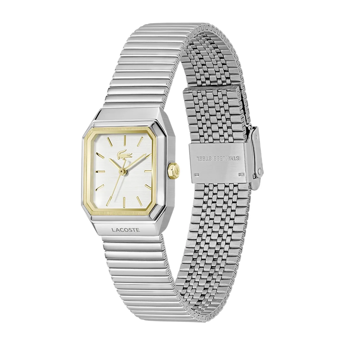 Reloj Lacoste análogo, para Dama, tablero rectangular color plateado, estilo index, pulso acero color plateado
