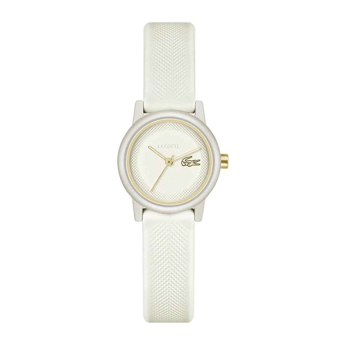 Reloj Lacoste análogo, para Dama, tablero redondo color beige, estilo sin números, pulso silicona color beige