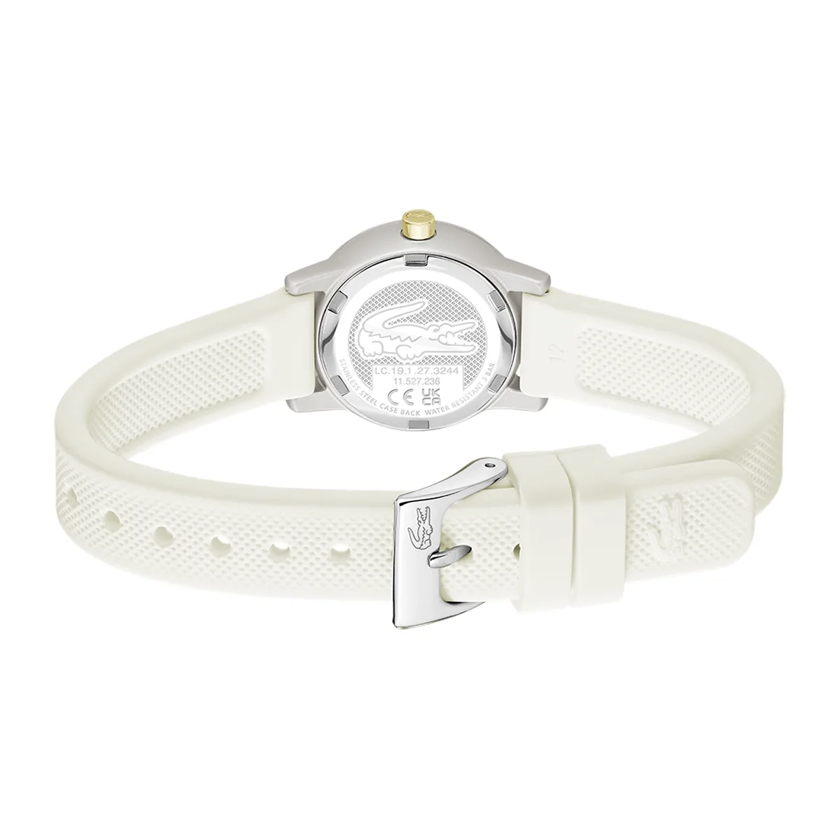 Reloj Lacoste análogo, para Dama, tablero redondo color beige, estilo sin números, pulso silicona color beige