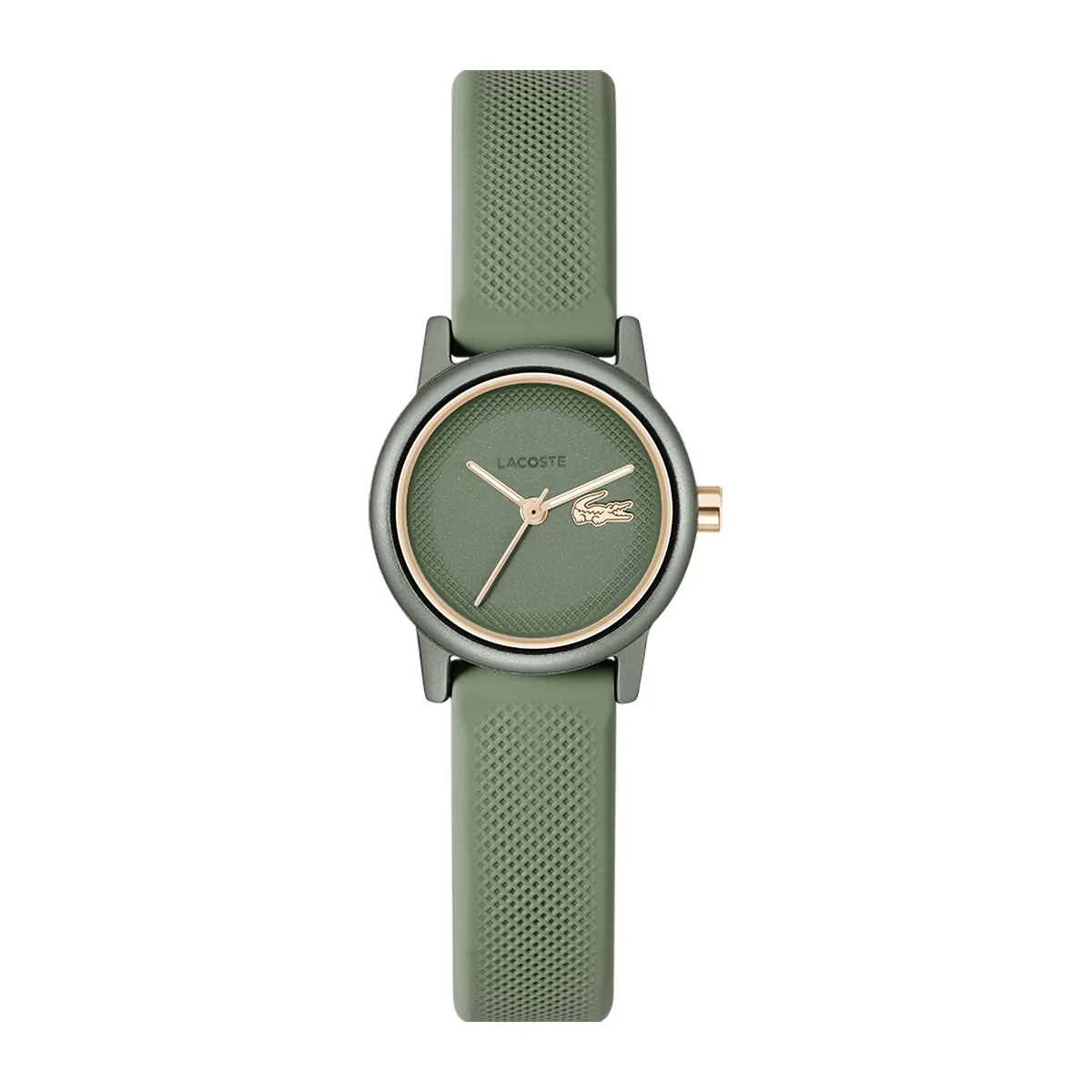 Reloj Lacoste análogo, para Dama, tablero redondo colores verde y dorado, estilo sin números, pulso silicona color verde