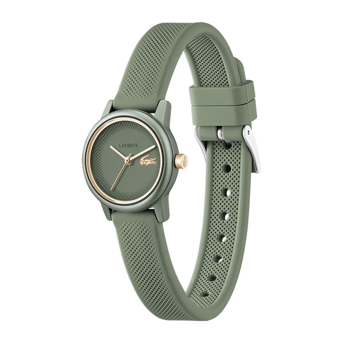 Reloj Lacoste análogo, para Dama, tablero redondo colores verde y dorado, estilo sin números, pulso silicona color verde