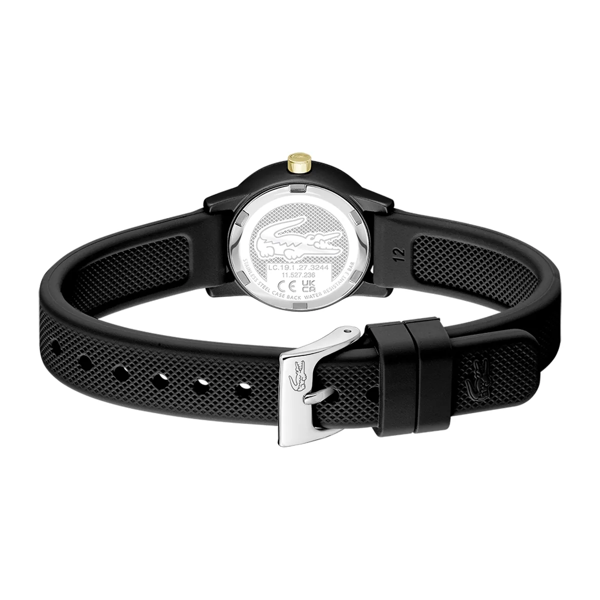 Reloj Lacoste análogo, para Dama, tablero redondo colores negro y dorado, estilo sin números, pulso silicona color negro