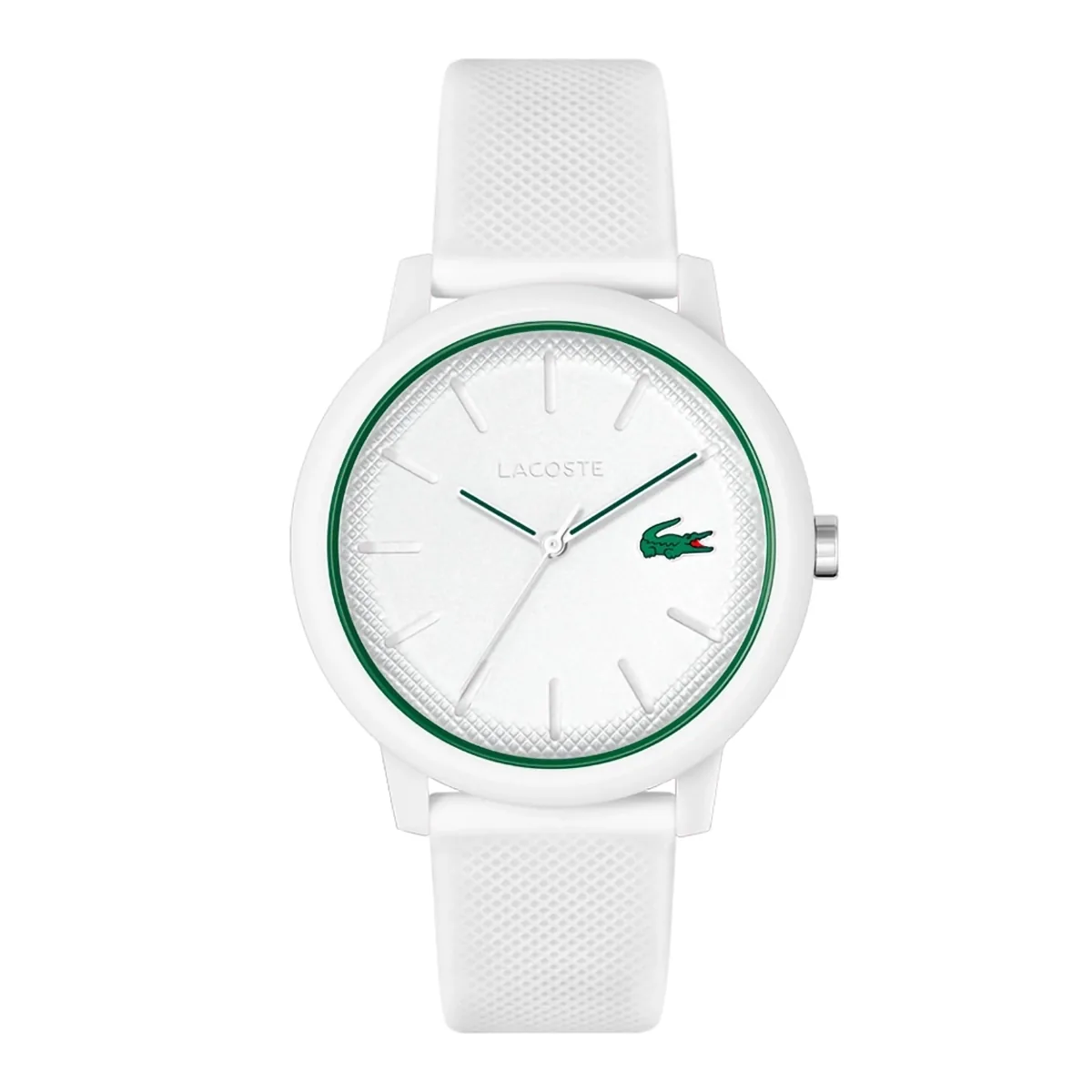 Reloj Lacoste análogo, para Hombre, tablero redondo colores blanco y verde, estilo index, pulso silicona color blanco