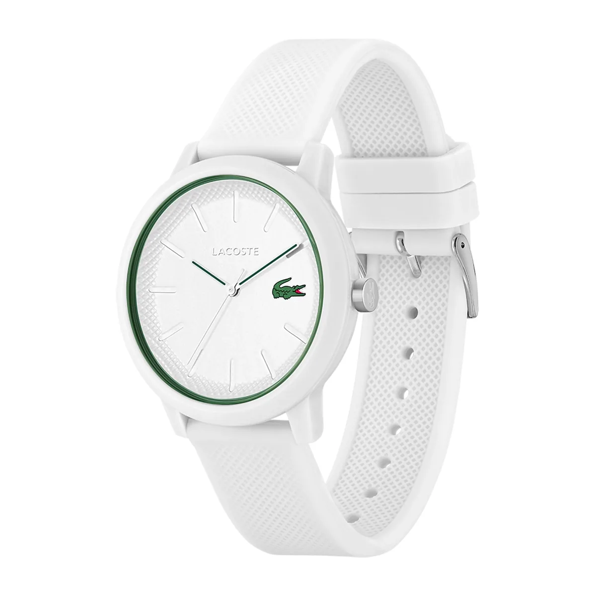 Reloj Lacoste análogo, para Hombre, tablero redondo colores blanco y verde, estilo index, pulso silicona color blanco