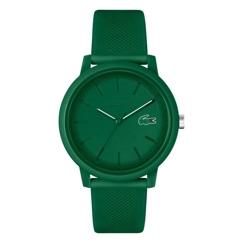 Reloj Lacoste analogo, para Hombre, tablero redondo color verde, estilo index, pulso silicona color verde