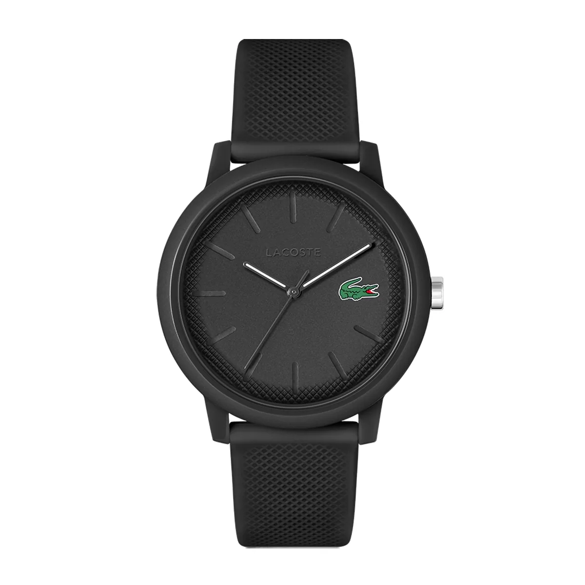 Reloj Lacoste análogo, para Hombre, tablero redondo color negro, estilo index, pulso silicona color negro