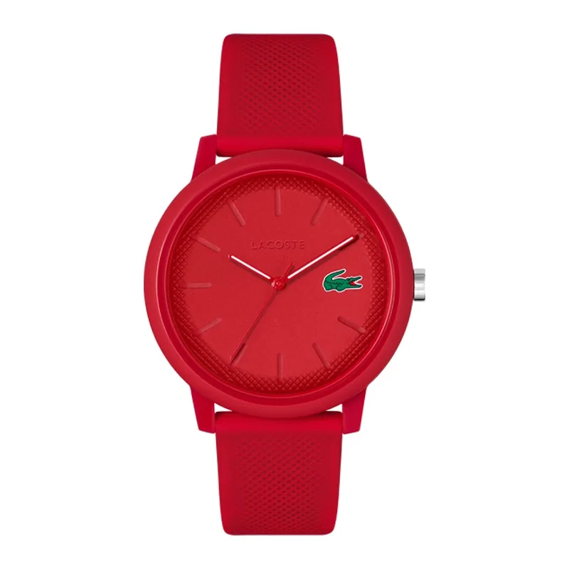 Reloj Lacoste analogo, para Hombre, tablero redondo color rojo, estilo index, pulso silicona color rojo