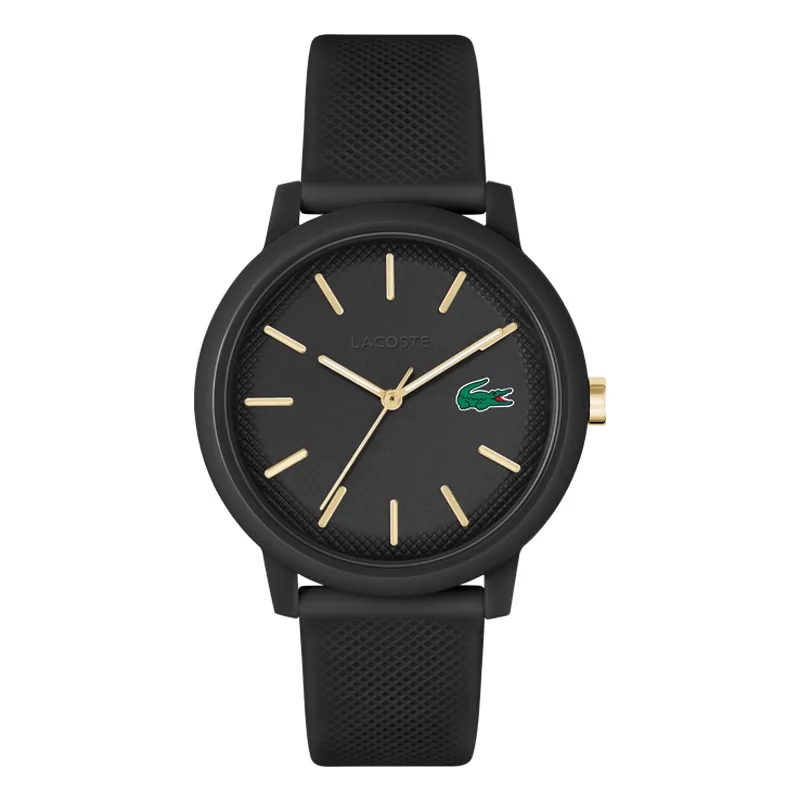 Reloj Lacoste análogo, para Hombre, tablero redondo color negro, estilo index, pulso silicona color negro