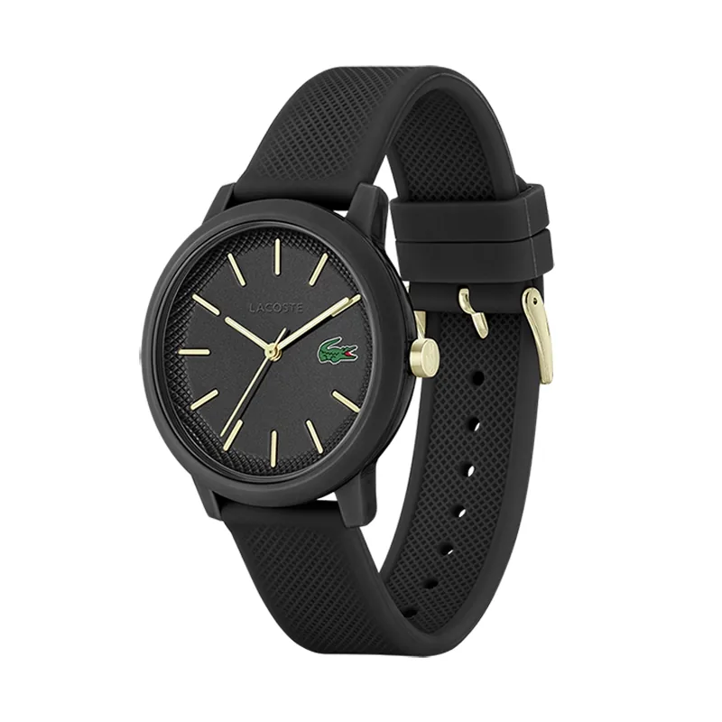 Reloj Lacoste análogo, para Hombre, tablero redondo color negro, estilo index, pulso silicona color negro