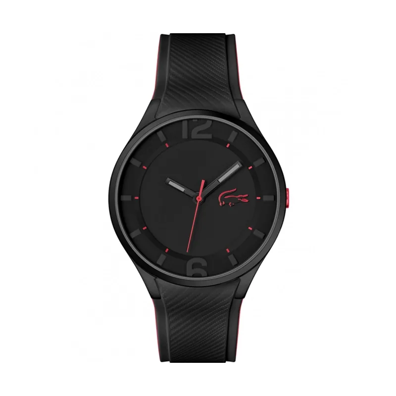 Reloj Lacoste analogo, para Hombre, tablero redondo color negro, estilo index + arabigo, pulso silicona colores negro y rojo