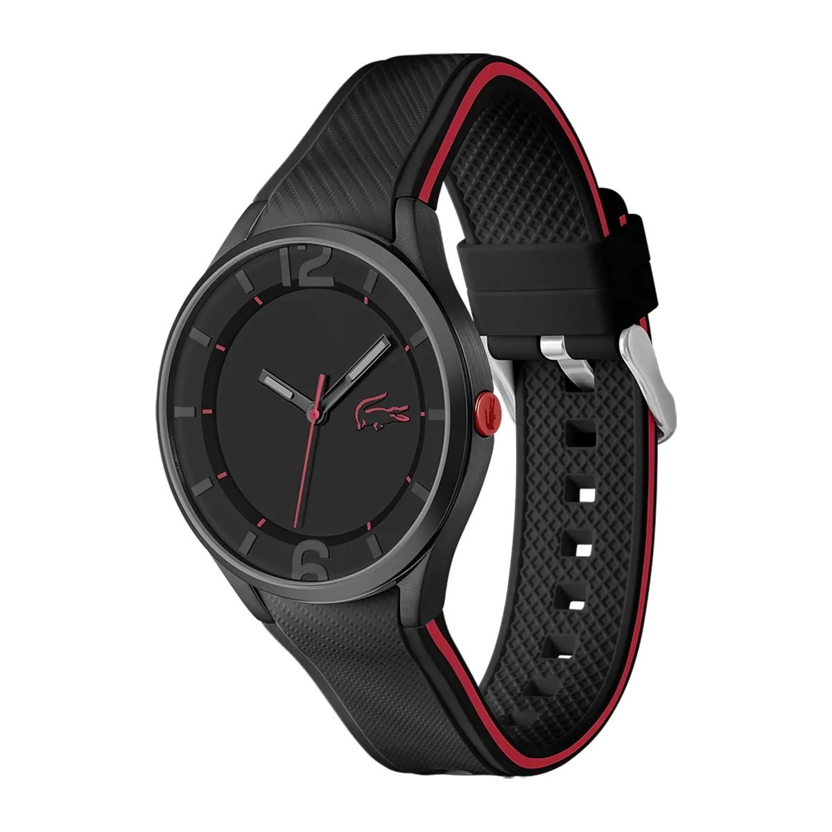 Reloj Lacoste analogo, para Hombre, tablero redondo color negro, estilo index + arabigo, pulso silicona colores negro y rojo