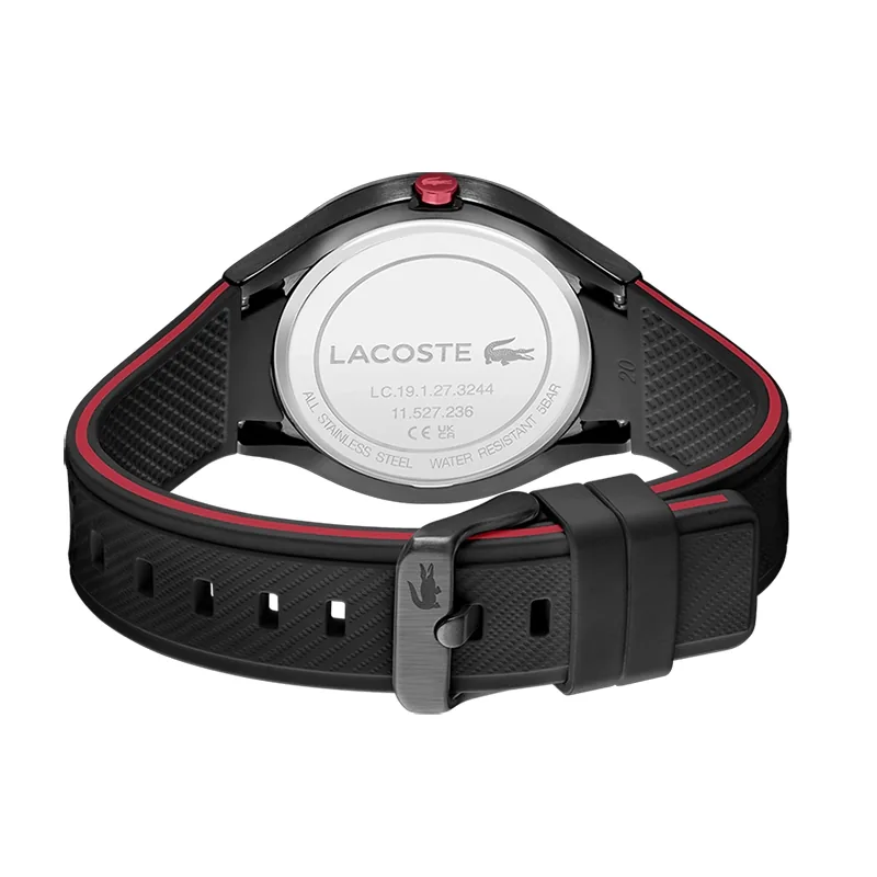 Reloj Lacoste analogo, para Hombre, tablero redondo color negro, estilo index + arabigo, pulso silicona colores negro y rojo