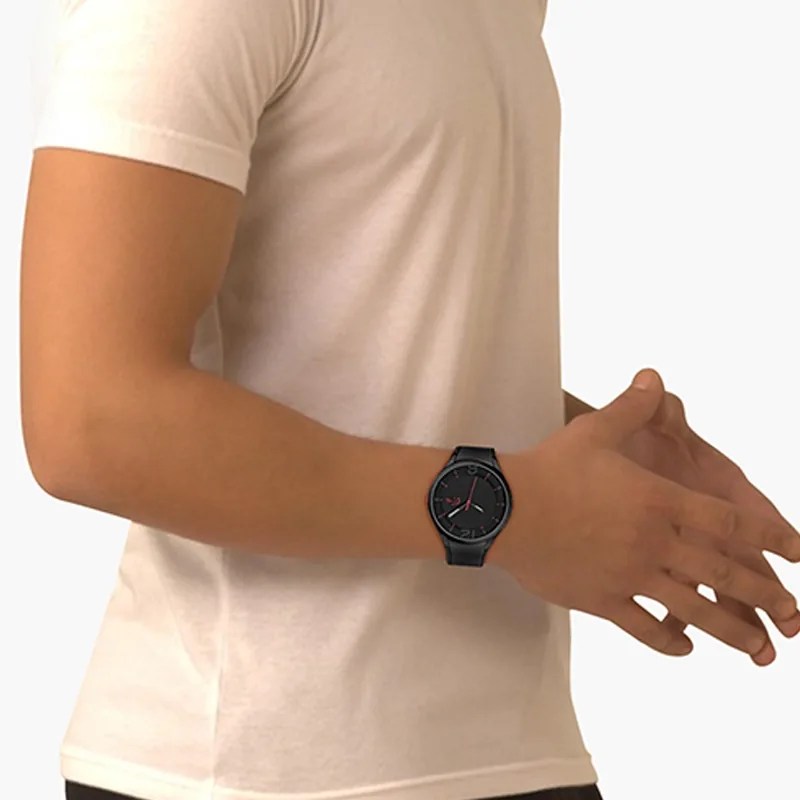 Reloj Lacoste analogo, para Hombre, tablero redondo color negro, estilo index + arabigo, pulso silicona colores negro y rojo