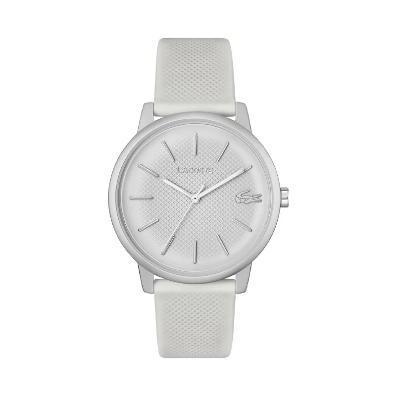 Reloj Lacoste analogo, para Hombre, tablero redondo color gris, estilo index, pulso silicona color plateado