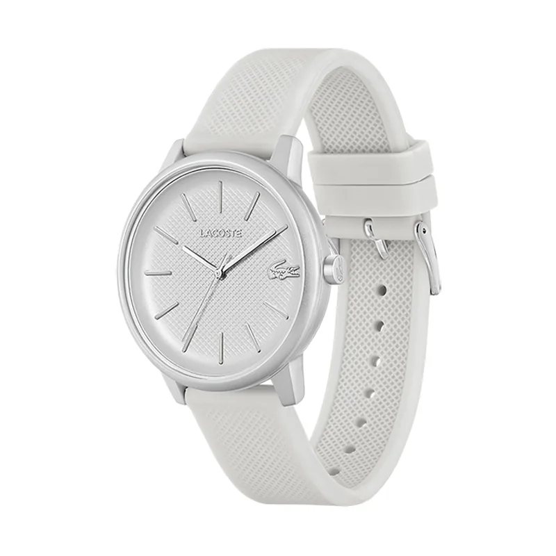 Reloj Lacoste analogo, para Hombre, tablero redondo color gris, estilo index, pulso silicona color plateado