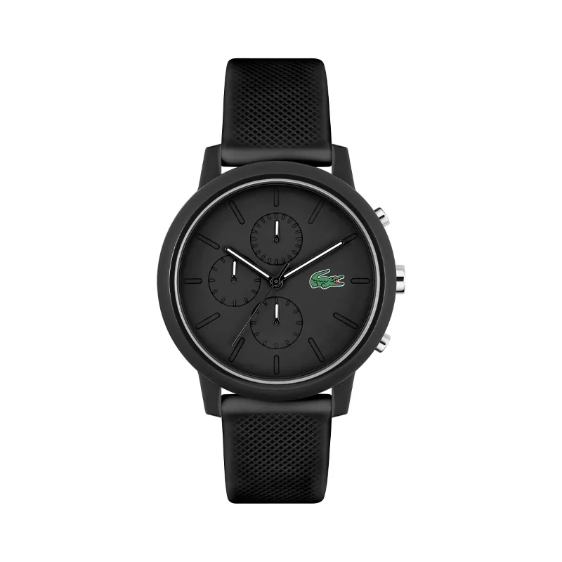 Reloj Lacoste analogo, para Hombre, tablero redondo color negro, estilo index, pulso silicona color negro, cronografo