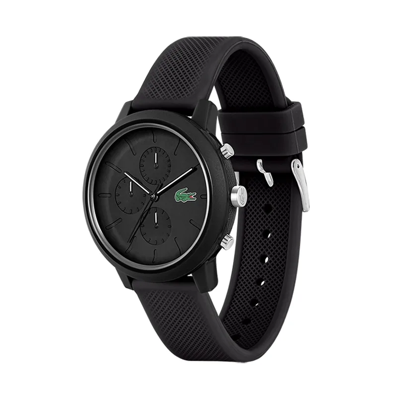 Reloj Lacoste analogo, para Hombre, tablero redondo color negro, estilo index, pulso silicona color negro, cronografo