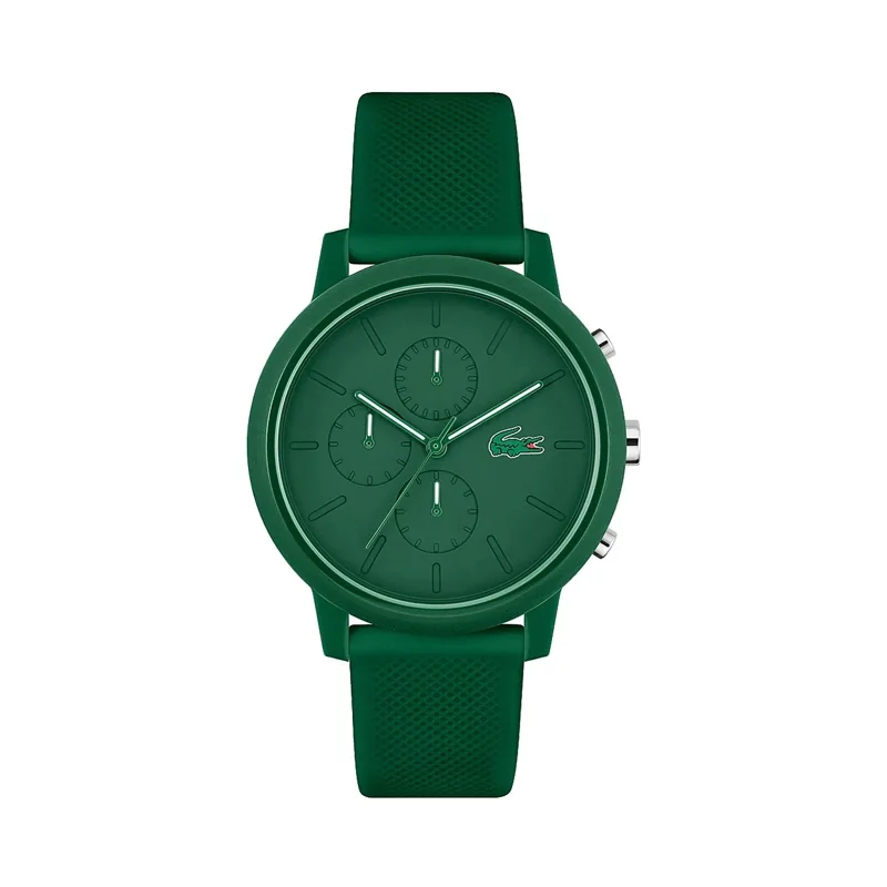 Reloj Lacoste analogo, para Hombre, tablero redondo color verde, estilo index, pulso silicona color verde, cronografo