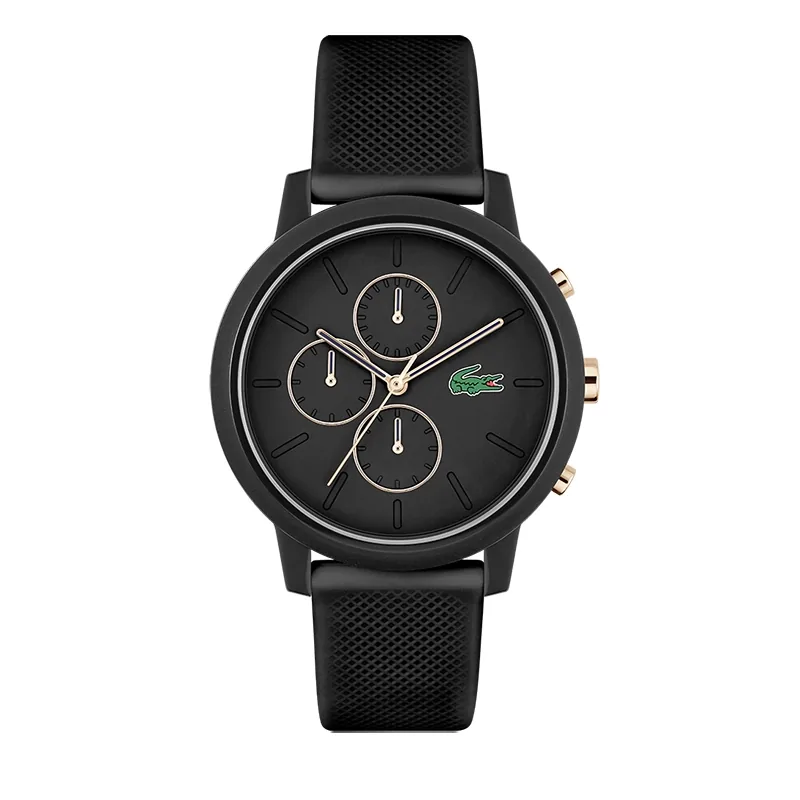 Reloj Lacoste analogo, para Hombre, tablero redondo color negro, estilo index, pulso silicona color negro, cronografo
