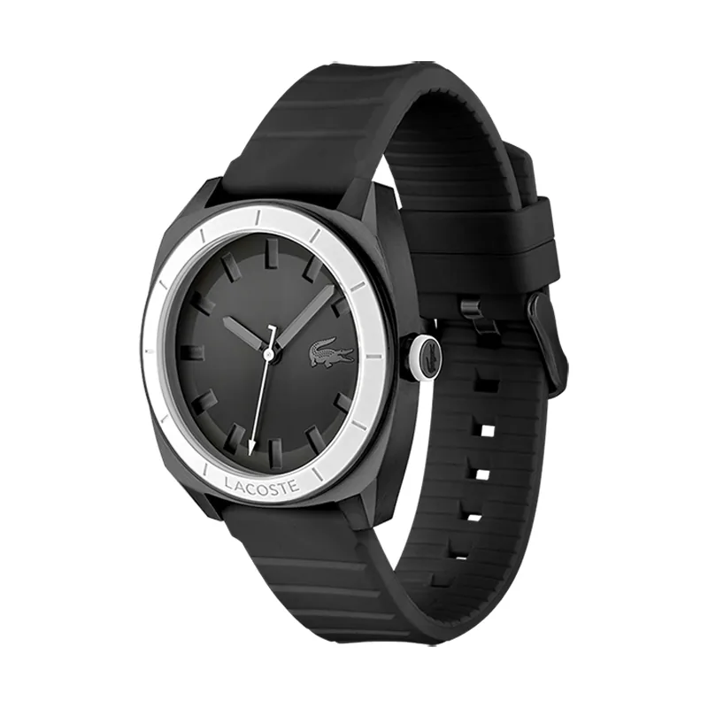 Reloj Lacoste analogo, para Hombre, tablero redondo color negro, estilo index, pulso silicona color negro