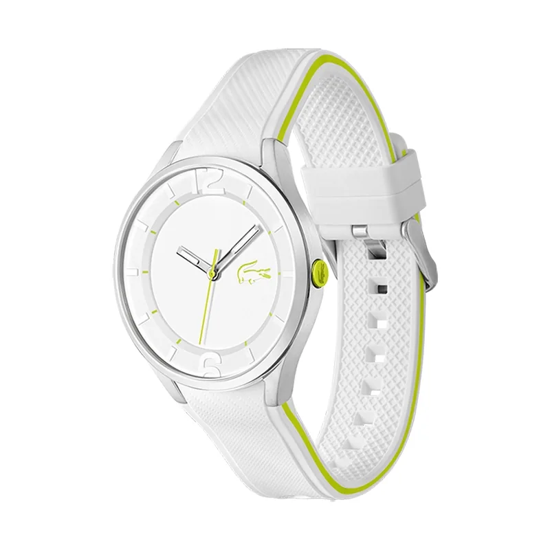 Reloj Lacoste analogo, para Hombre, tablero redondo color blanco, estilo index + arabigo, pulso silicona colores blanco y verde