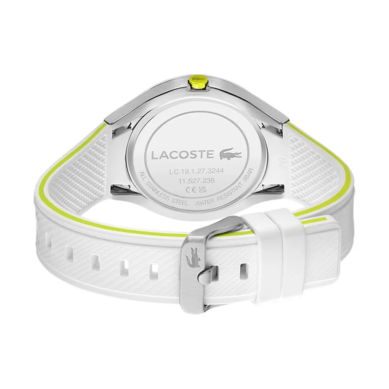 Reloj Lacoste analogo, para Hombre, tablero redondo color blanco, estilo index + arabigo, pulso silicona colores blanco y verde
