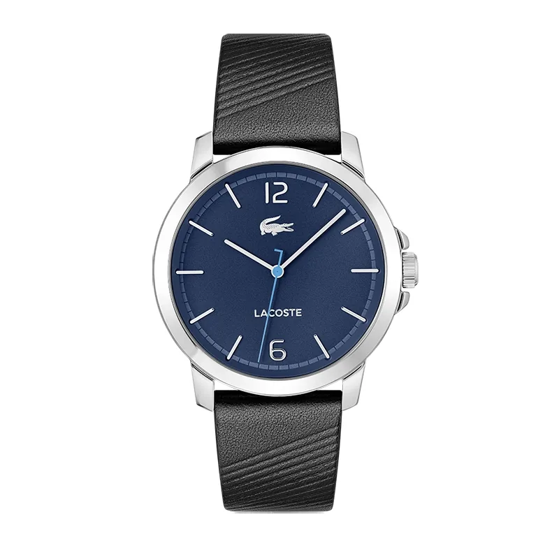 Reloj Lacoste analogo, para Hombre, tablero redondo color azul, estilo index + arabigo, pulso cuero color negro