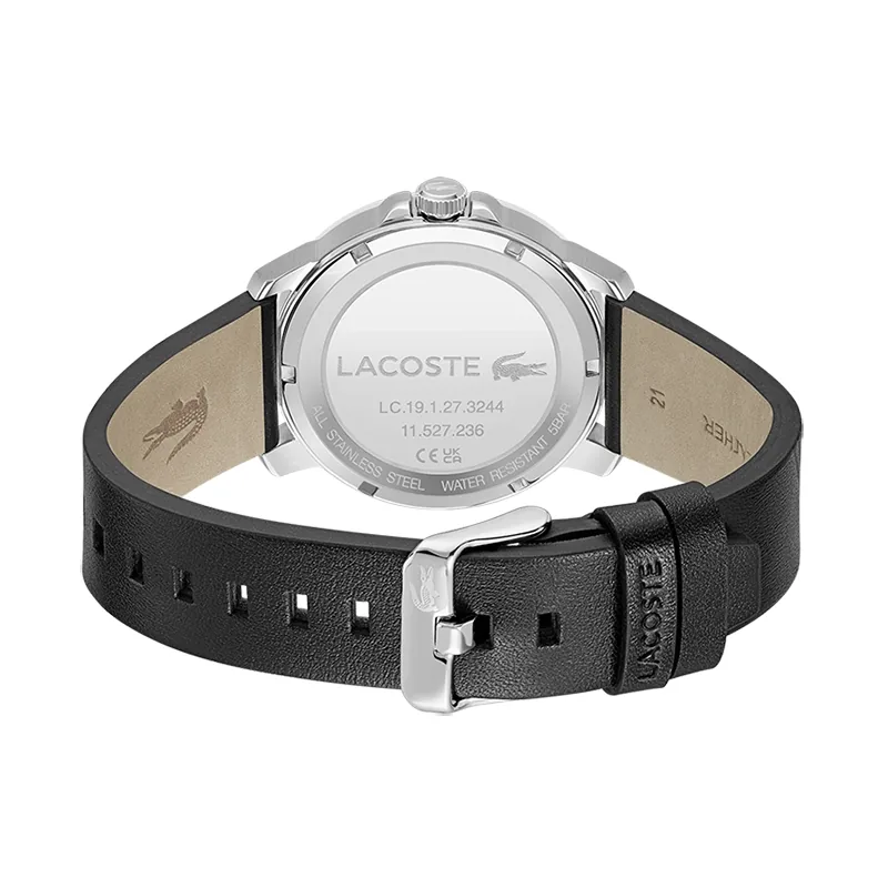 Reloj Lacoste analogo, para Hombre, tablero redondo color azul, estilo index + arabigo, pulso cuero color negro
