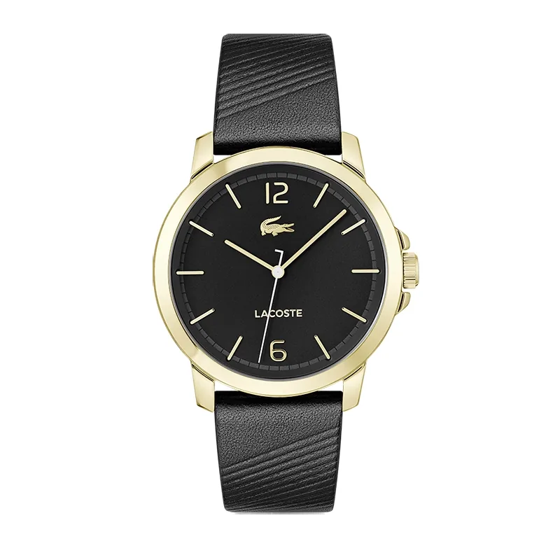 Reloj Lacoste analogo, para Hombre, tablero redondo colores negro y dorado, estilo index + arabigo, pulso cuero color negro