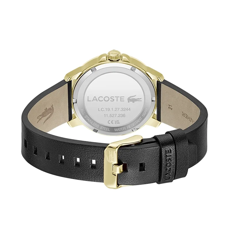 Reloj Lacoste analogo, para Hombre, tablero redondo colores negro y dorado, estilo index + arabigo, pulso cuero color negro