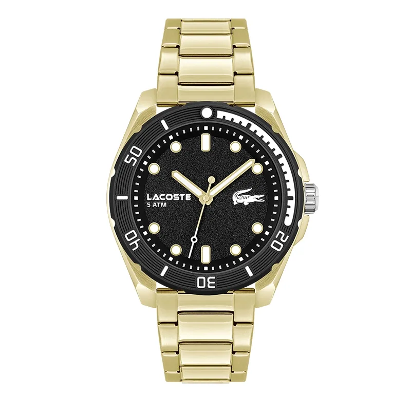 Reloj Lacoste analogo, para Hombre, tablero redondo color negro, estilo index + puntos, pulso acero color dorado